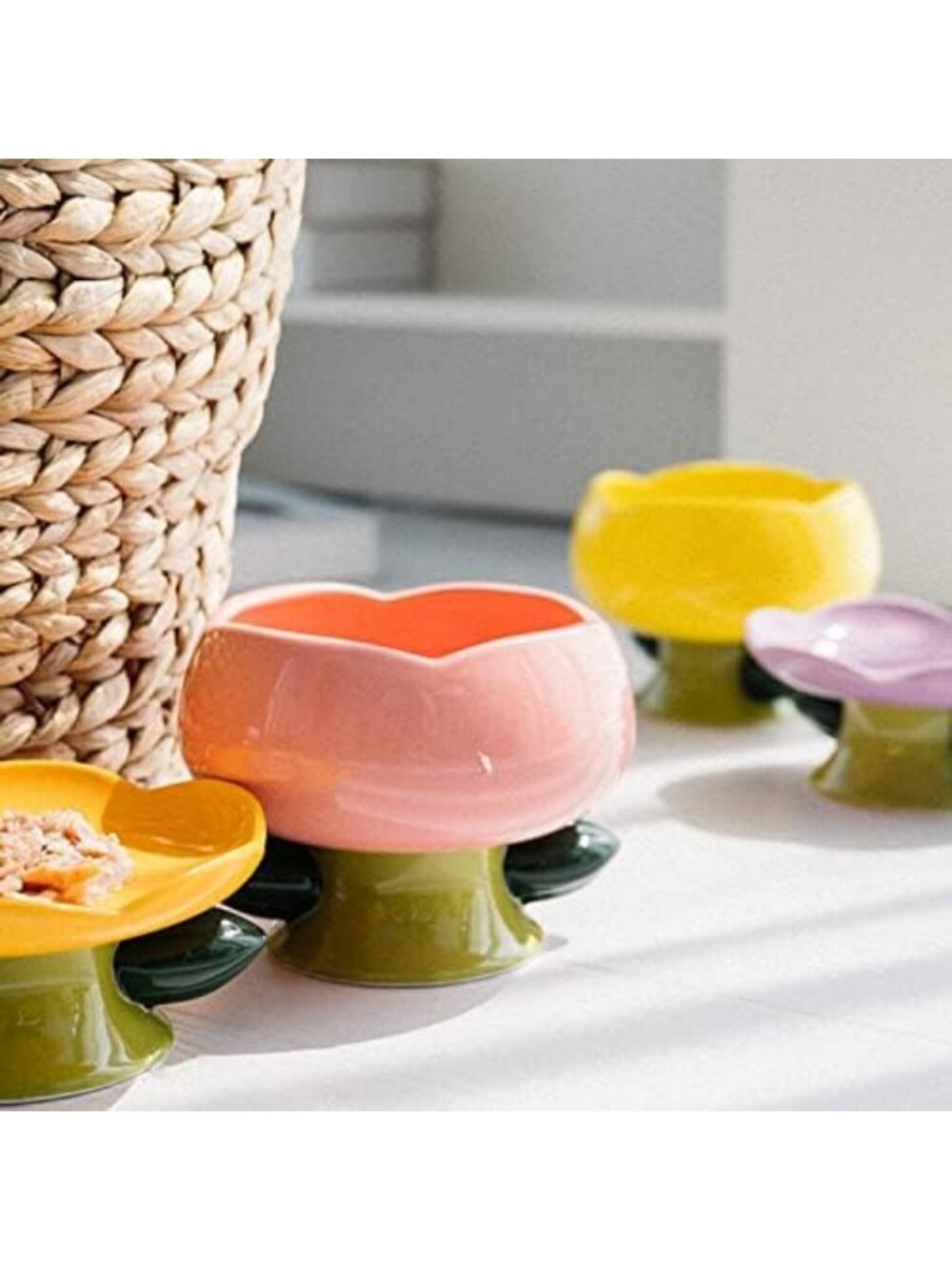 Elevated Ceramic Cat Bowls for Whisker & Spine Comfort - Flower Design, Purple - Picture 6 of 7